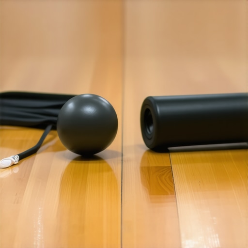 Essential Tools for Daily Spine Maintenance A collection of mobility tools including a lacrosse ball and lumbar support roll on a wooden floor.