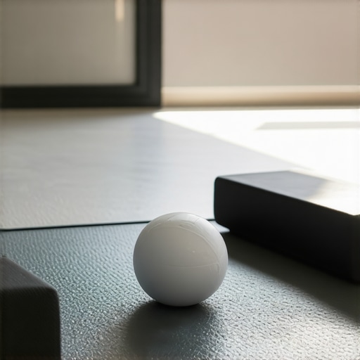 A lacrosse ball and yoga block on a mat used for back pain relief and glute activation exercises.