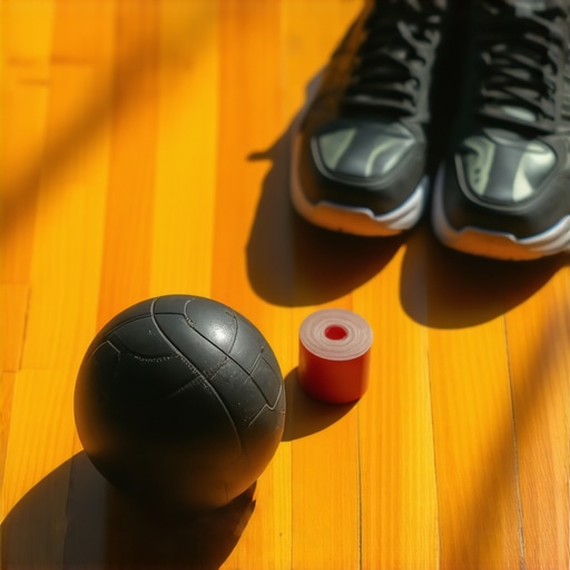 A lacrosse ball and kinesiology tape used for sports rehab and spinal stability maintenance.