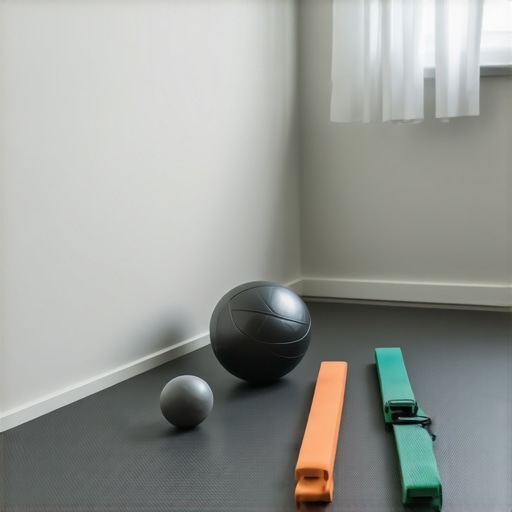 A collection of athletic recovery tools including a lacrosse ball and resistance bands on a mat.