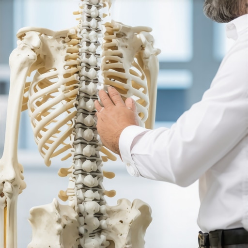 Chiropractor explaining neurological muscle tightness using a spinal model