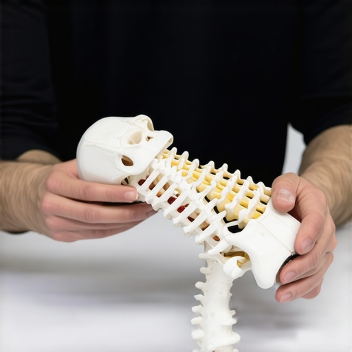 Expert chiropractic consultation for spinal health A chiropractor pointing to the lumbar spine on a model while explaining back pain nuances to a patient.