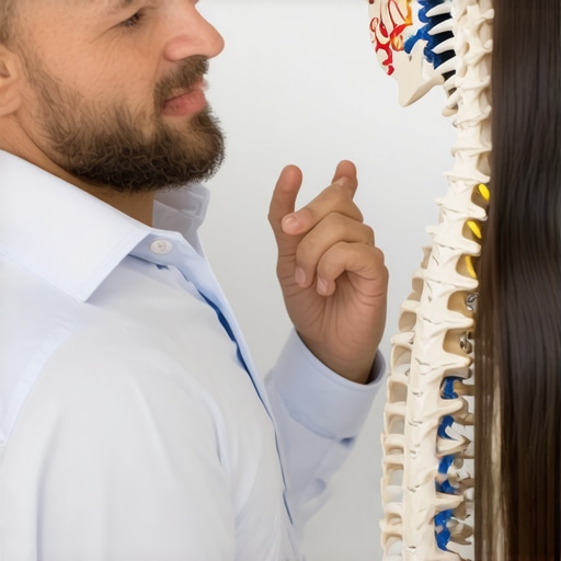 A chiropractor using a spinal model to show a patient how joint restrictions cause muscle tension.