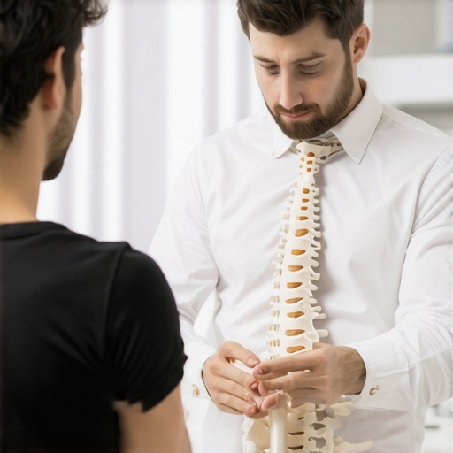 Chiropractor showing a patient the difference between joint mobility and structural alignment using a lumbar spine model.