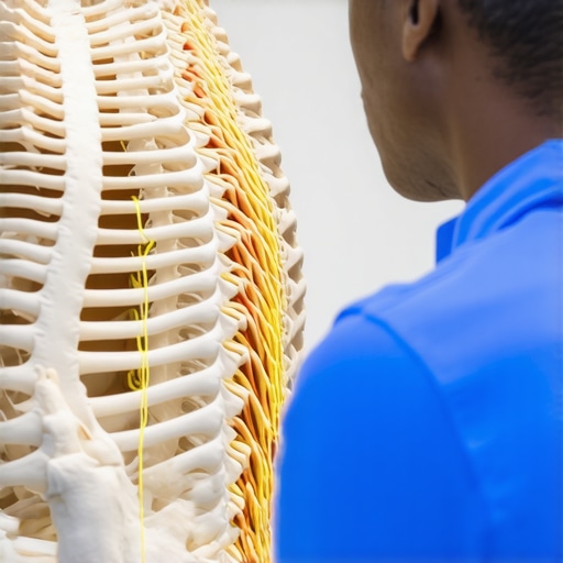 A professional using a spine model to explain how adjustments affect the nervous system to an active patient.