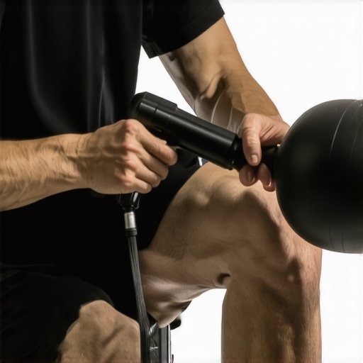Close-up of a massage gun being used on a thigh muscle with a ball attachment.