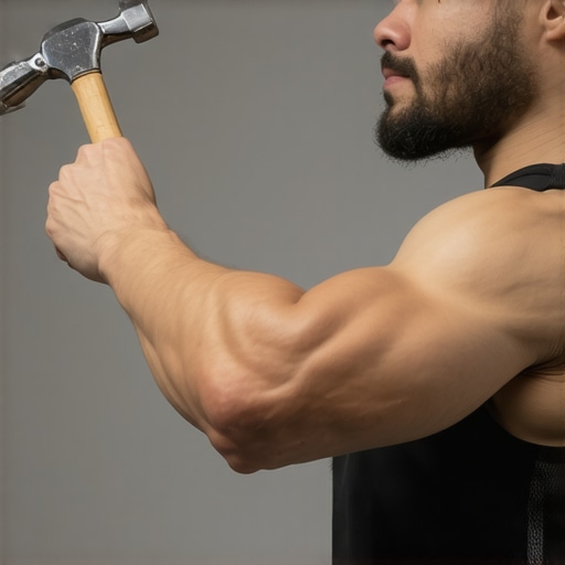 Close-up of hammer isometric hold for elbow rehab.