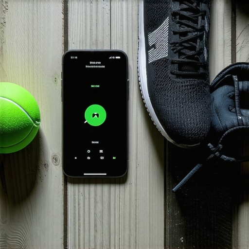 Metronome app on a phone next to a lacrosse ball and running shoes for gait training.