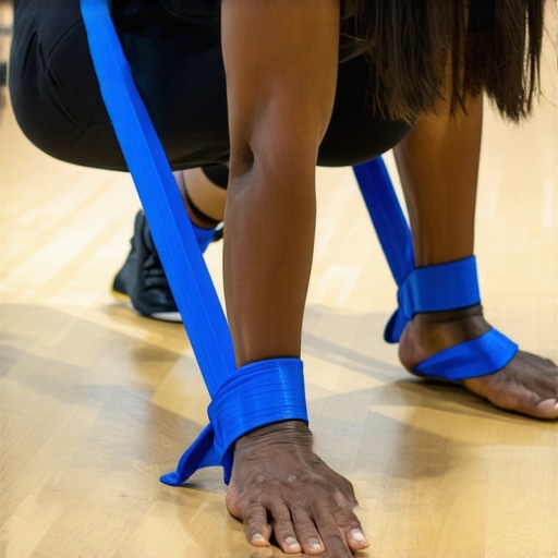 An athlete performing a glute bridge with a resistance band around their knees to activate glutes before running.