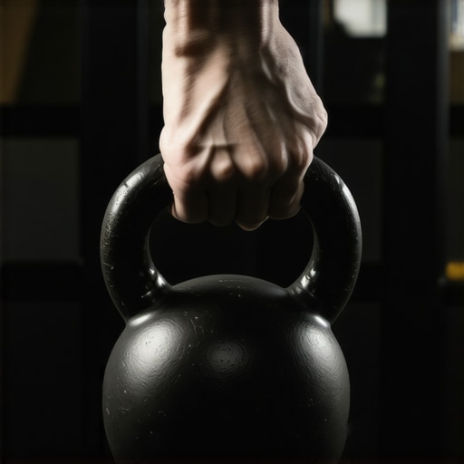 A hand squeezing a kettlebell handle tightly to activate shoulder stability through irradiation.