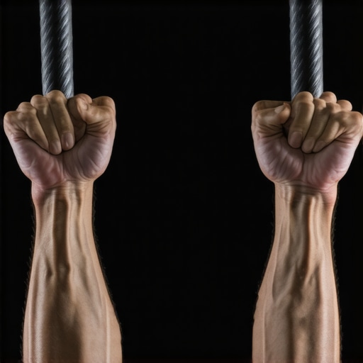 Gym rings neutral grip pull-up alignment An athlete using a neutral grip on gym rings to reduce elbow stress during pull-ups.