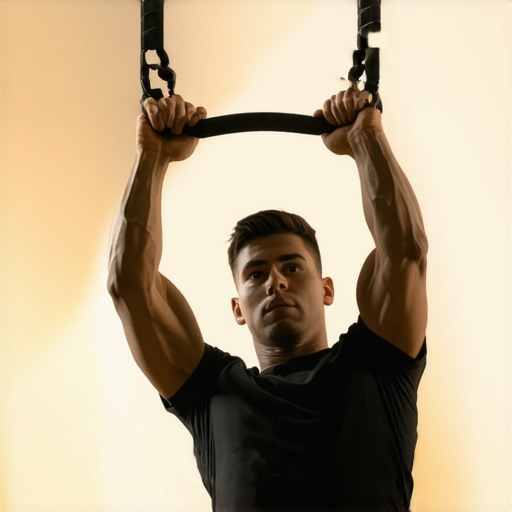 Gymnastic rings for neutral grip pull-ups An athlete using gymnastic rings to adjust grip angle and protect elbow joints during pull-ups