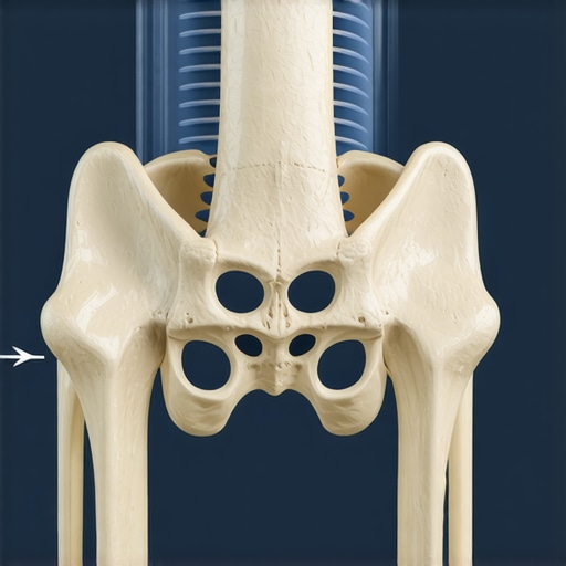 Anatomical diagram of the hip joint showing proper alignment of the femur in the socket.