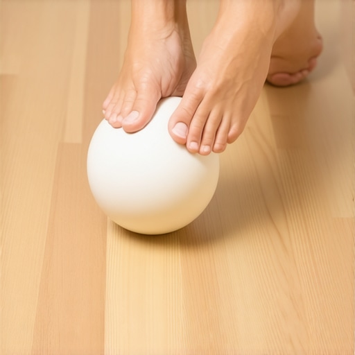 A person using a lacrosse ball to stimulate the arch of the foot for better stability.