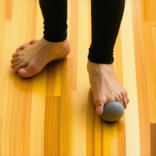 An athlete using a lacrosse ball under their foot arch to relieve tension and prevent calf spasms.