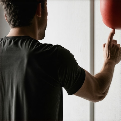 Person using a lacrosse ball against a wall to relieve muscle knots in the mid-back and shoulder.