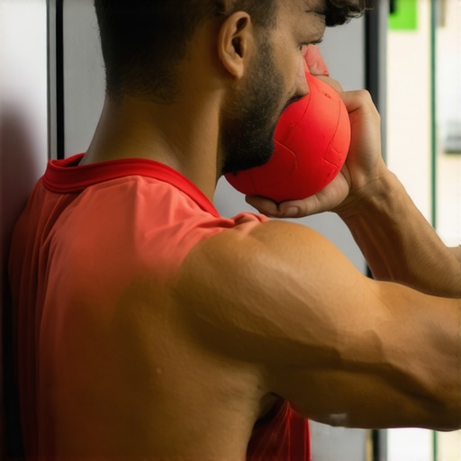 A man performing a targeted upper back release with a lacrosse ball to alleviate shoulder and mid-back tension.