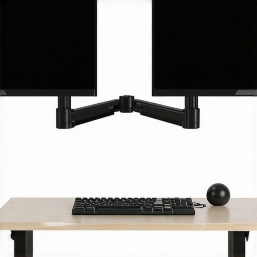 Modern Ergonomic Workspace for Spinal Health Ergonomic desk with dual monitor arms and mobility tools to prevent back and neck pain.