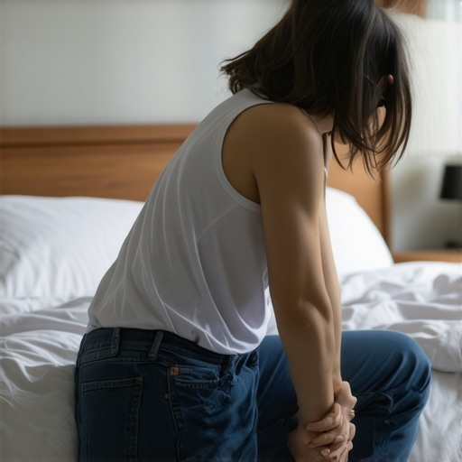 A person experiencing lower back pain immediately after waking up, highlighting why early morning stretching can be dangerous.