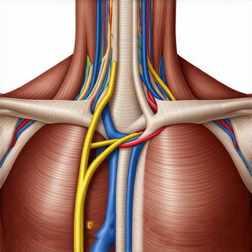 Detailed anatomical view of nerves and muscles in the neck and shoulder area showing compression points.