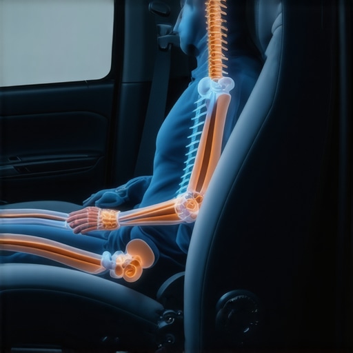 Optimal 110-Degree Recline for Driving A medical illustration showing how a 110-degree car seat recline reduces spinal disc pressure.