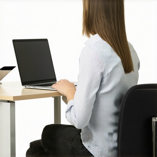 Person using a laptop stand and lumbar cushion to maintain healthy posture at a desk.
