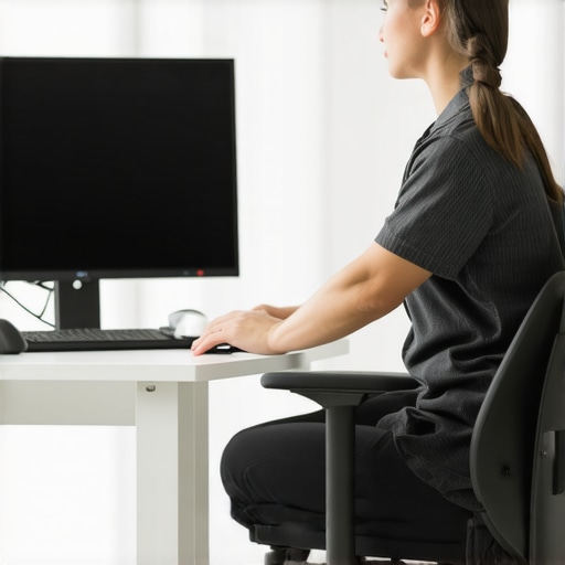 Optimized Ergonomic Workstation Setup Person practicing spinal hygiene at a high-end ergonomic desk with monitor arms.