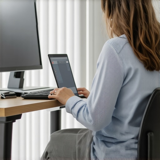 A person practicing proper ergonomics at a desk with a monitor riser to prevent neck pain