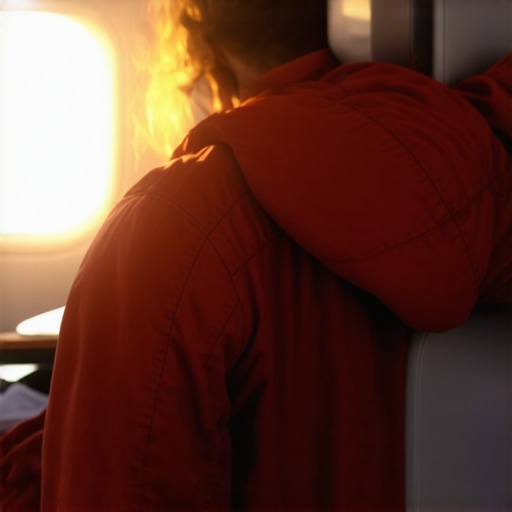 A rolled-up jacket being used as a lumbar support cushion in an airplane seat.