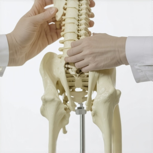 Anatomical model of a human pelvis showing the complex joint structure involved in travel-related stiffness.