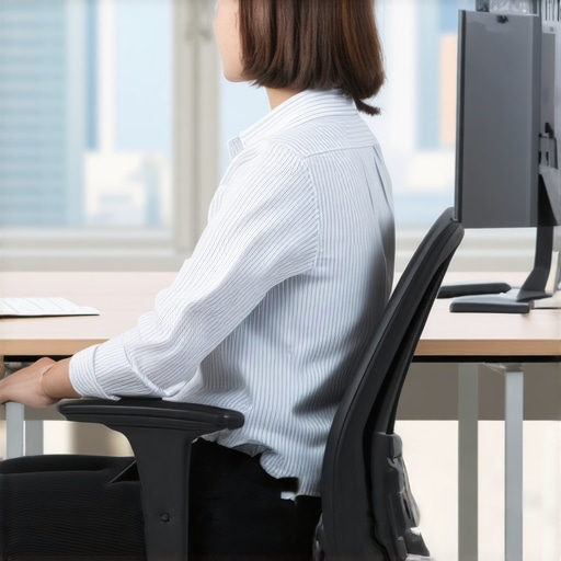 Close-up of a person sitting in an office chair with armrests set at the correct height for neck pain relief.