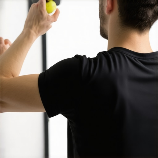 Precision Back Muscle Release with Lacrosse Ball Person using a lacrosse ball for targeted back muscle release against a wall.