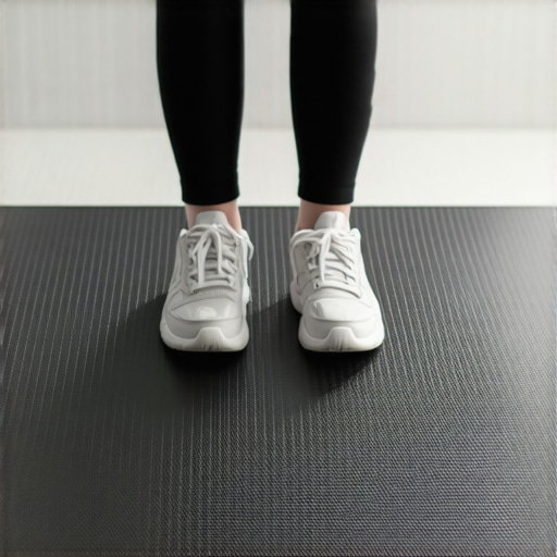 A high-density anti-fatigue mat being used in a kitchen with supportive footwear to prevent back pain.
