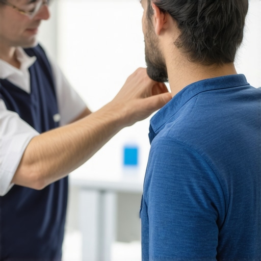 Physical therapist performing a precise joint alignment check on a patient's shoulder in a clinical setting.