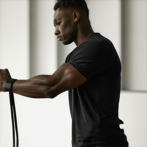 Athlete performing rotator cuff stabilization exercises using a high-quality resistance band