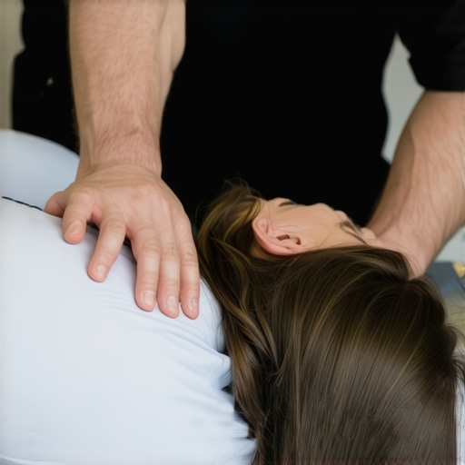 A chiropractor performing a lumbar spinal adjustment to relieve nerve pressure and muscle spasms.