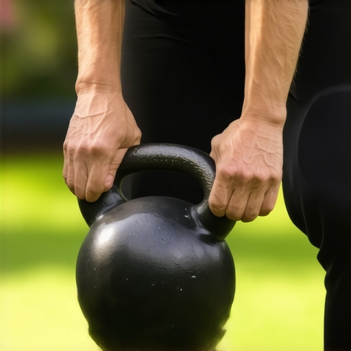 Proper Grip Technique for Elbow Recovery Close up of a hand performing a farmer's carry with a kettlebell to improve grip strength and elbow health.