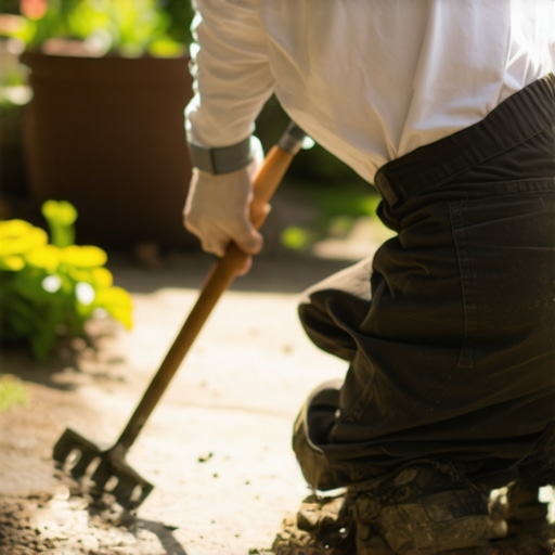 Proper Half-Kneeling Gardening Posture for Back Protection A gardener demonstrating the correct half-kneeling posture to protect the spine while planting.
