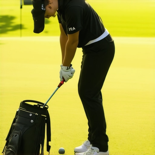 A golfer using a hip hinge and wide stance to safely pick up their golf bag.