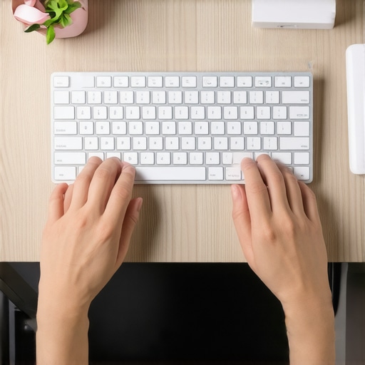 Proper Mouse and Keyboard Alignment Top-down view of ergonomic desk setup showing mouse proximity to keyboard and neutral arm positioning.