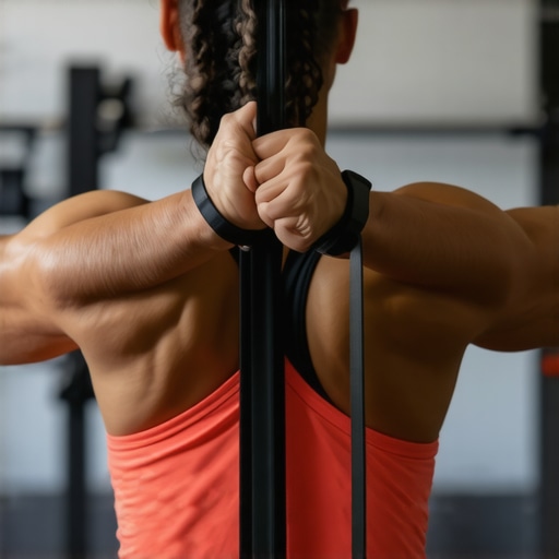 A detailed view of a person performing a scapular setting exercise using a resistance band to improve shoulder stability.