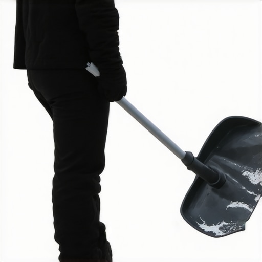 Proper Shoveling Alignment and Tools Man using ergonomic shovel with a neutral spine and pivoted feet to avoid back injury.