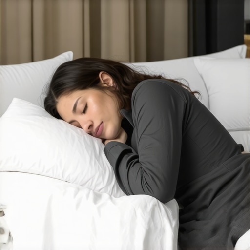 Proper Side Sleeping Alignment for Shoulder Health A man demonstrating the correct pillow placement for side sleeping to prevent shoulder impingement and back pain.