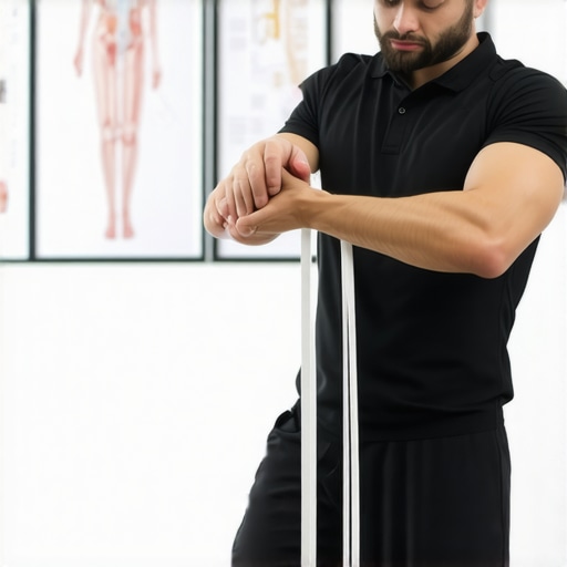 Physiotherapist showing a patient how to brace their core to protect a herniated disc.