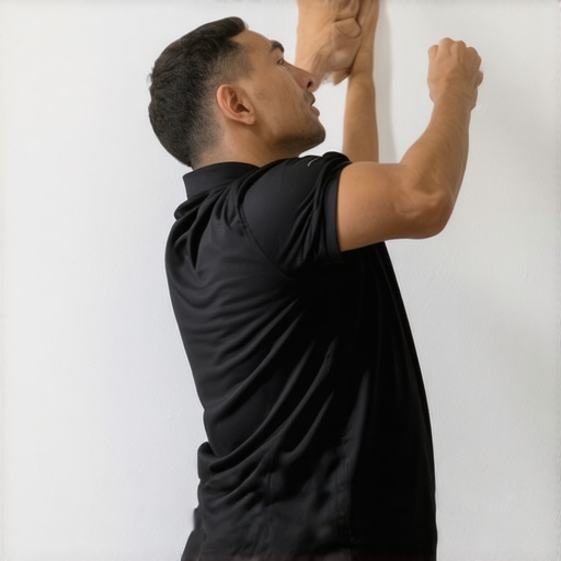 Person performing a scapular wall slide against a wall to improve shoulder and back posture.