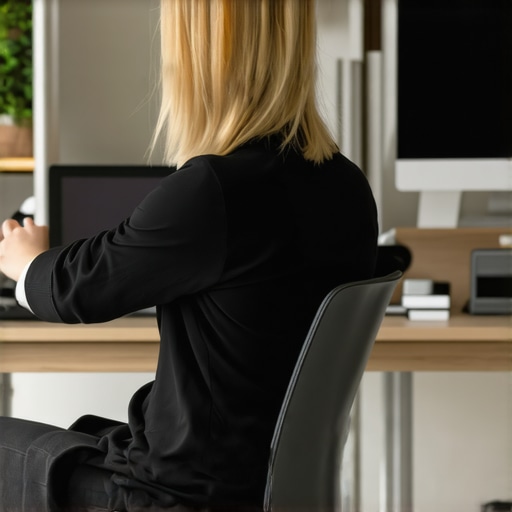 A person performing a seated scapular reset at a computer desk to relieve upper back tension.