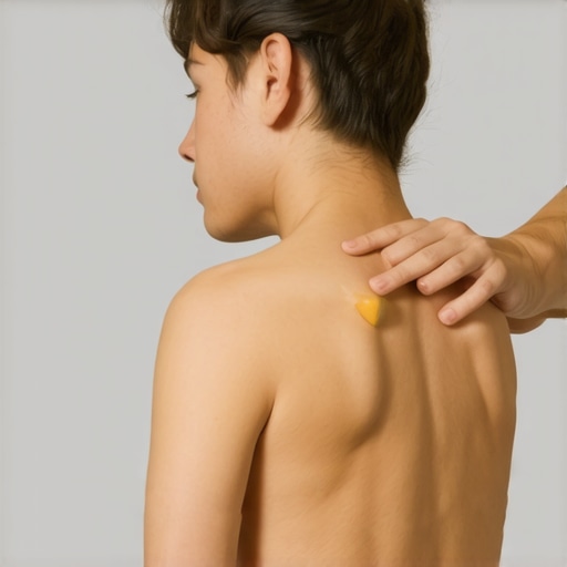 Self-Myofascial Release with a Lacrosse Ball Man using a lacrosse ball for back muscle relief against a white wall