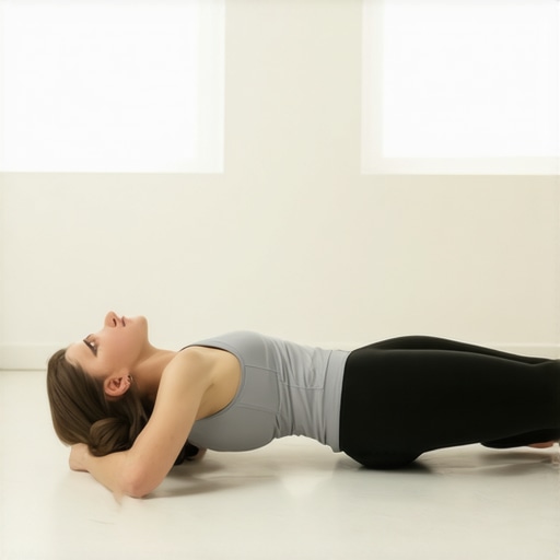A person utilizing a half-round foam roller under their knees for evening spinal decompression.
