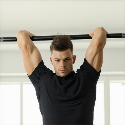 Spinal Decompression via Dead Hangs Person hanging from a pull-up bar to relieve back pressure.