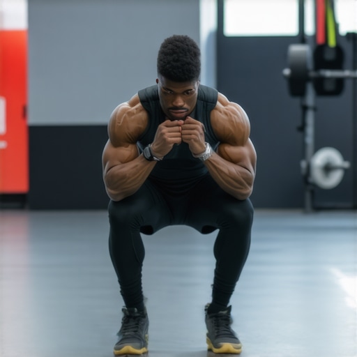 Squat Motor Control and Knee Alignment An athlete demonstrating proper knee and hip stability during a heavy squat to avoid valgus collapse.